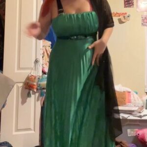 Green Pleated Dress with Black Shawl